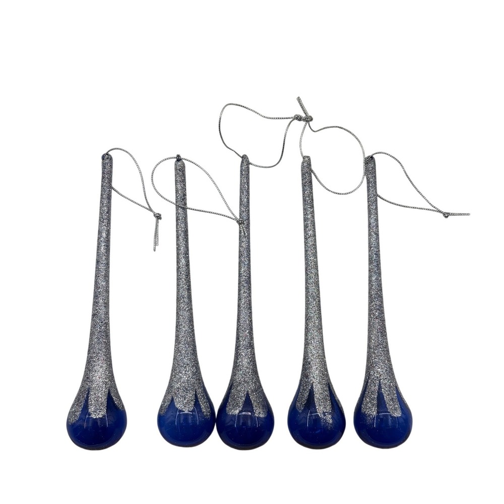 Vtg 1970 Glass Icicle Christmas Ornaments Set 5 Silver Glitter Blue Base